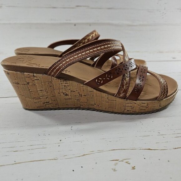 Skechers Womens Size 11 Beverlee Tiger Posse Brown Laser Cut‎ Open Toe Wedges - Picture 5 of 11